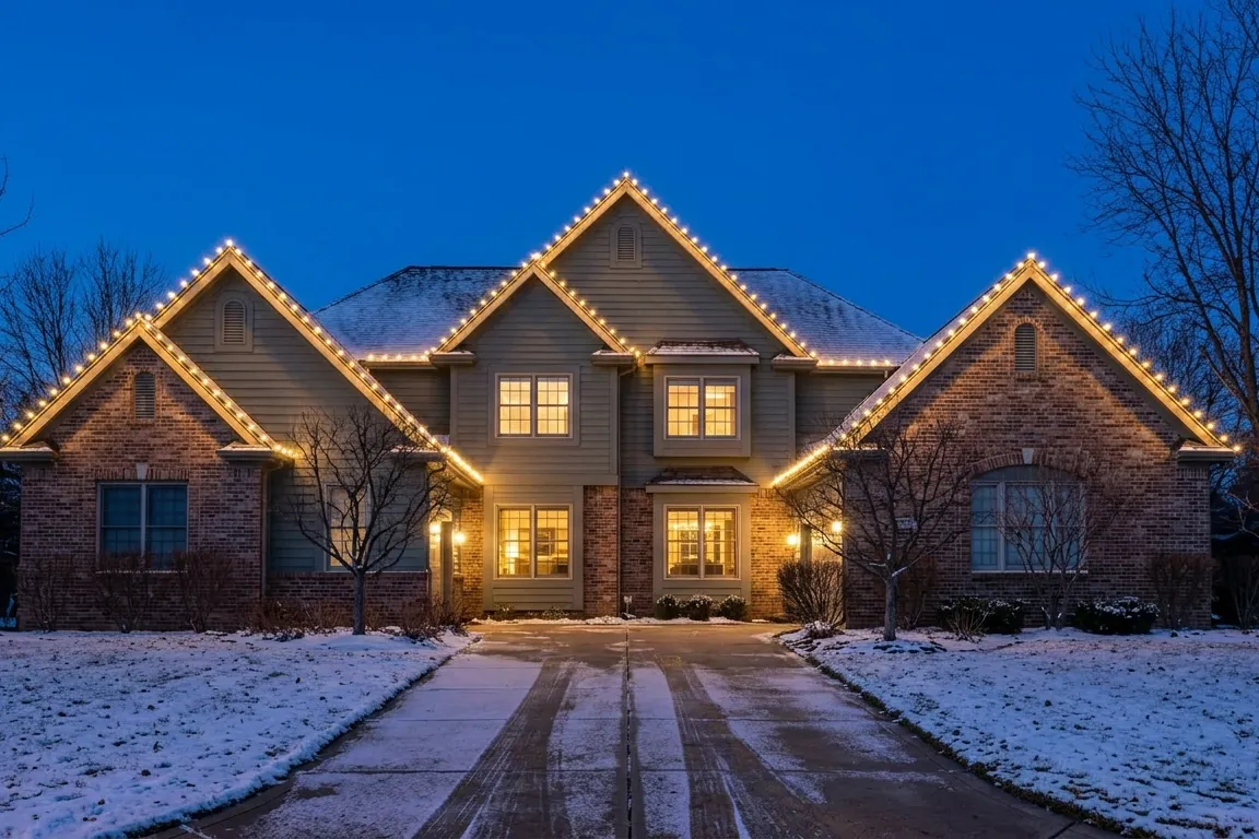 Home on a large lot with warm white C9 lights on three front gables
