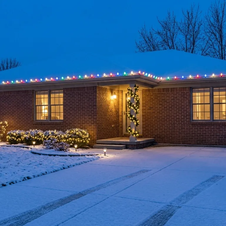 Brick ranch with multicolor C9 lights along the full front roofline