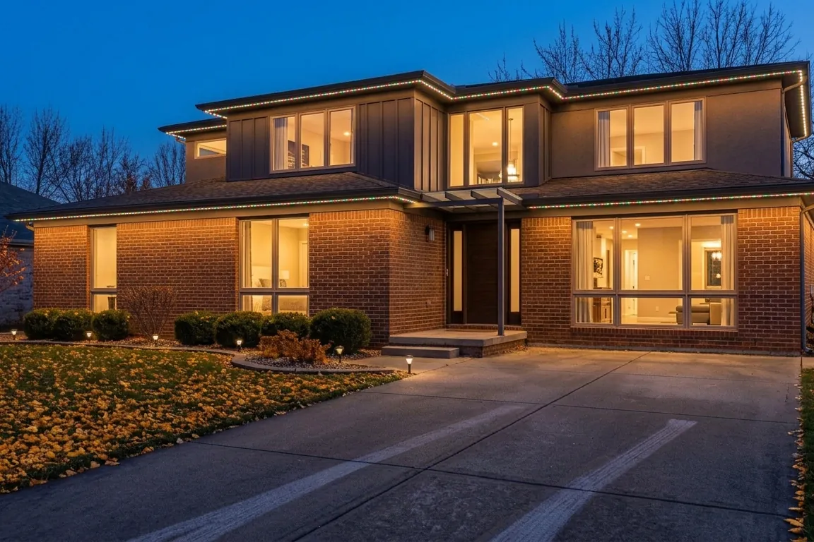 The same home with permanent roofline lighting set to red and green for December
